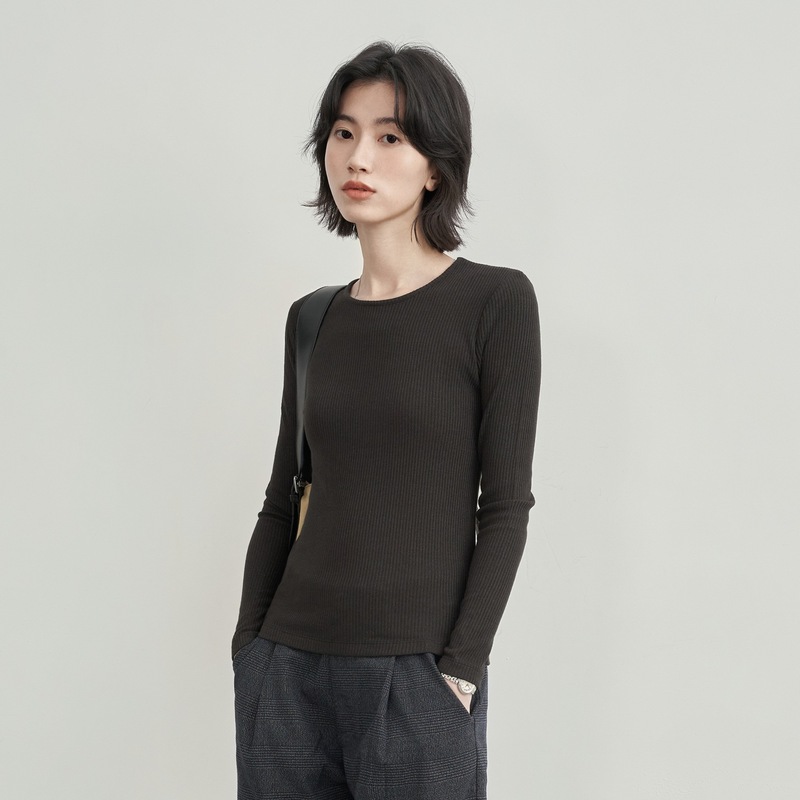 弹力针织长袖T恤女圆领外穿通勤修身显瘦坑条螺纹正肩打底衫上衣|undefined