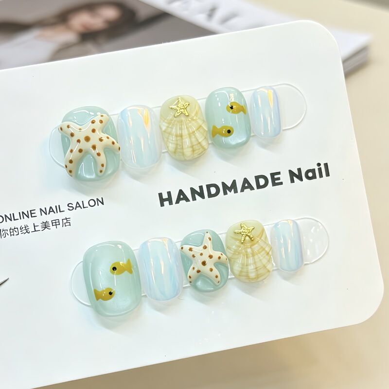Summer Starfish Shell Texture Nail Art with Three-Dimensional Sweet and Dreamy Handmade Wearable Nails Wholesale Nail Stickers