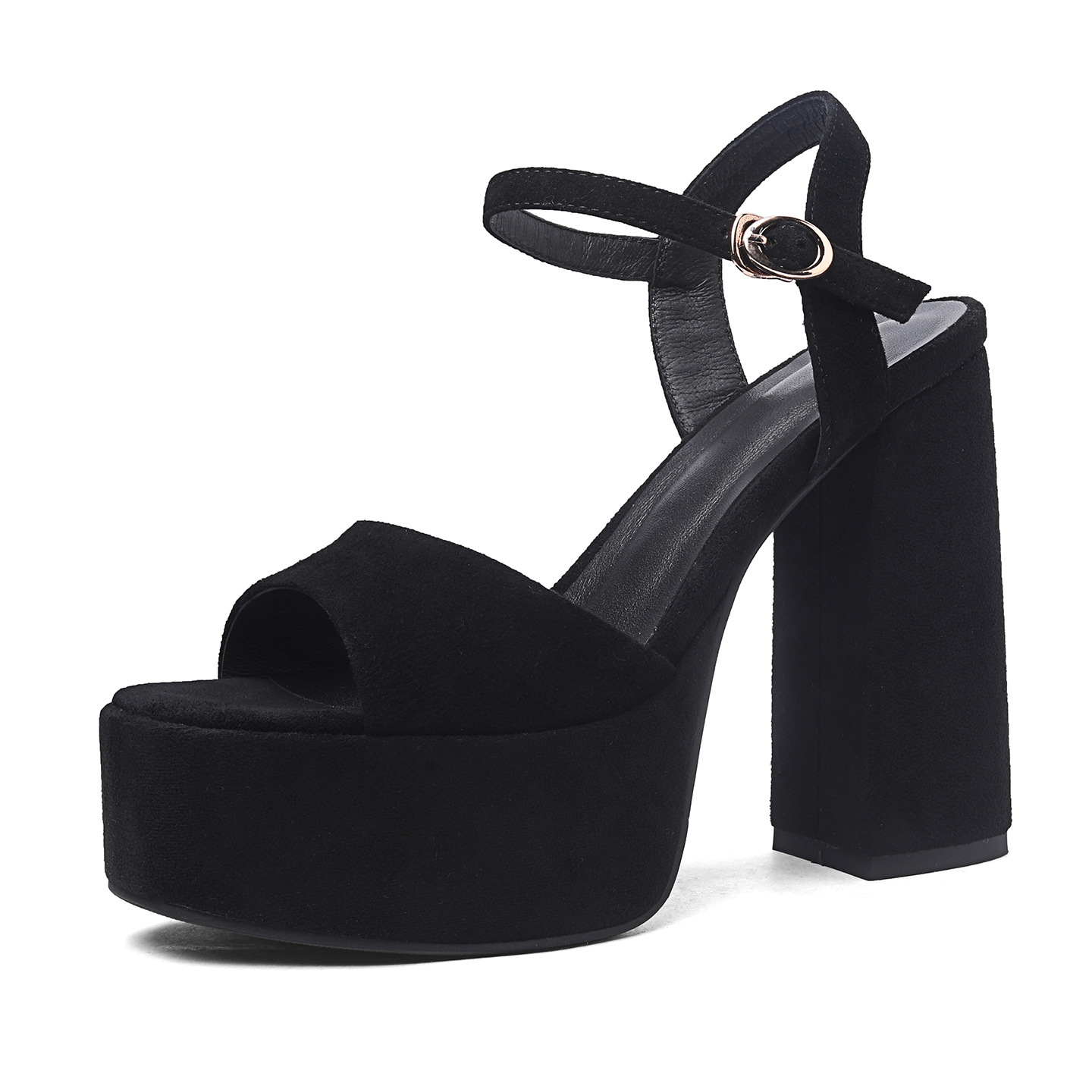 Sandal cao gót nữ hở mũi quai ngang khóa, đế dày gót thô 12 cm — Da bò trắng gạo chi tiết 16
