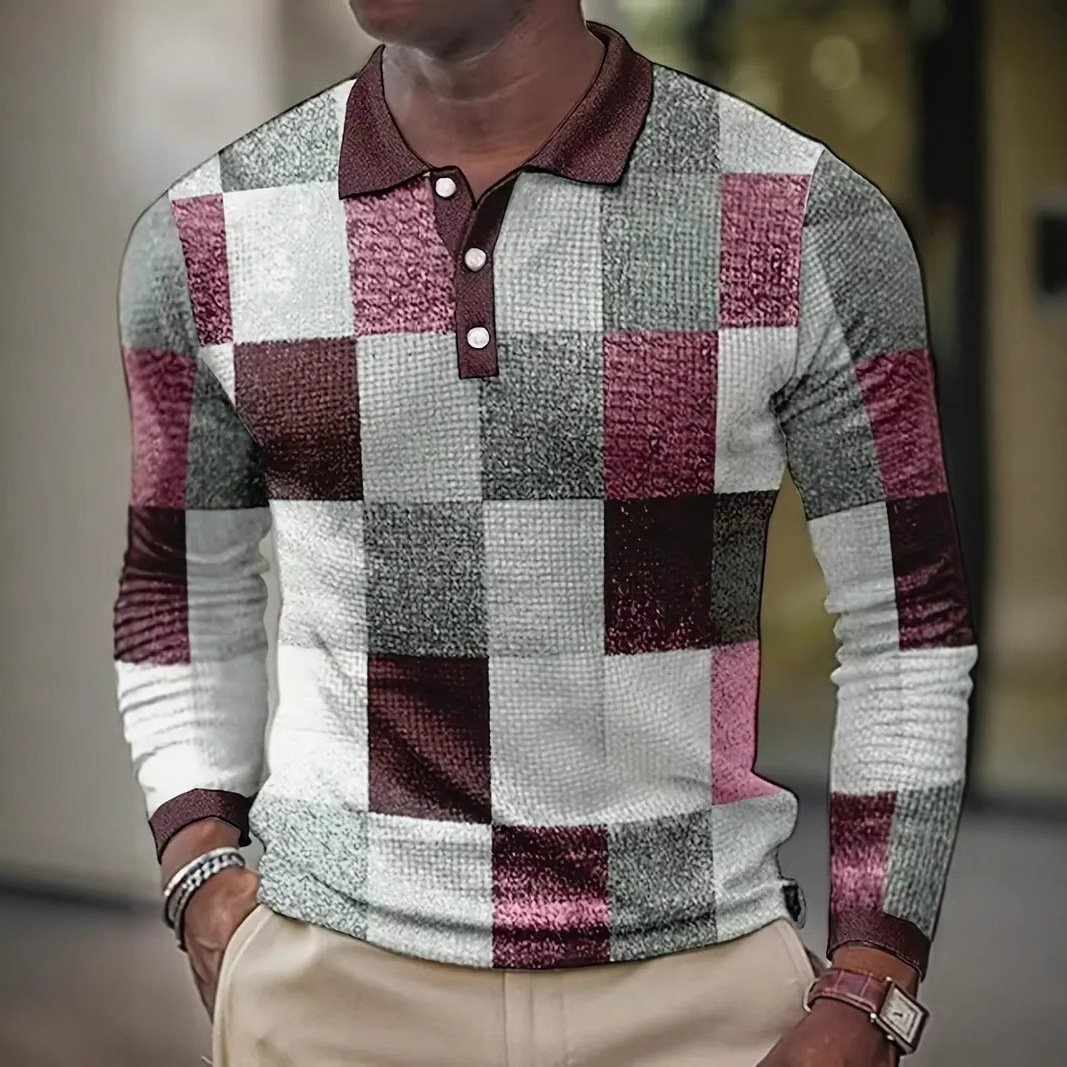 Personalidad retro tejido en contraste de color cuadrado estampado 3D casual suelto de manga larga camisa POLO de cuello con botones para hombres