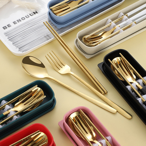 Stainless steel portable cutlery set fork spoon chopsticks Korean style three-piece set outdoor gift student with LOGO printing