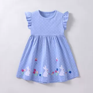 欧美女童连衣裙夏季儿童公主裙可爱纯棉卡通兔子绣花无袖背心裙子