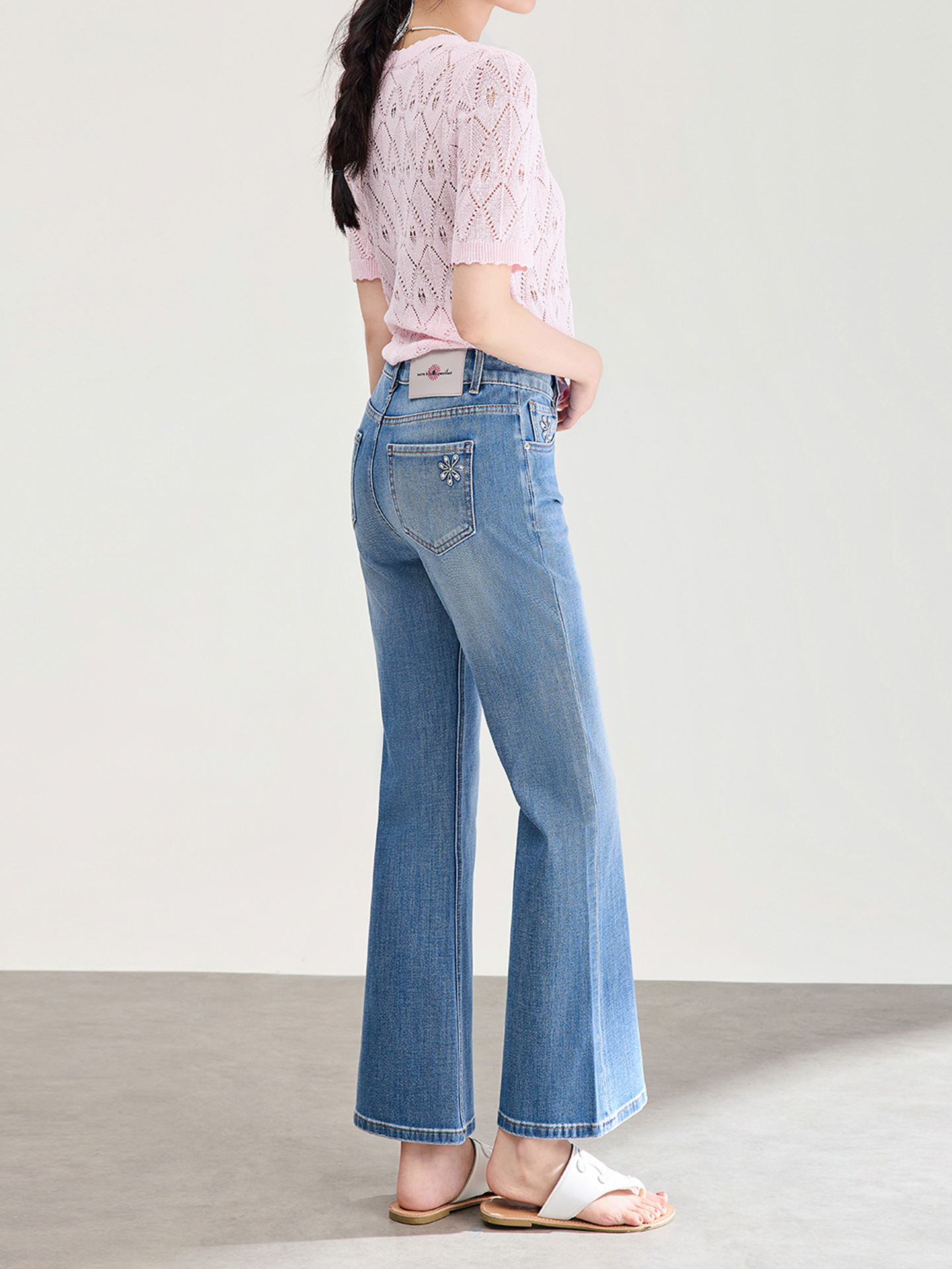 Quần jean nữ ống loe vải cotton wash lạnh co giãn 4 chiều phiên bản mỏng mùa hè — xanh lam