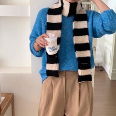 冬季韩版围巾女日系撞色条纹百搭简约复古针织保暖防寒潮围脖男