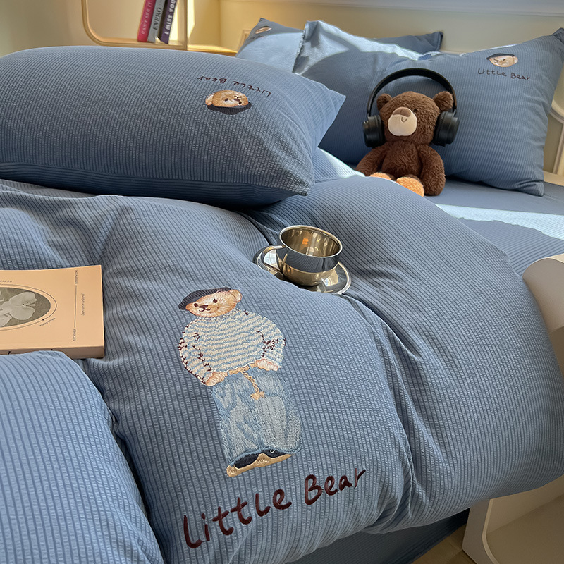 Housse de couette et drap en coton lavé broderie ours_voghion.com