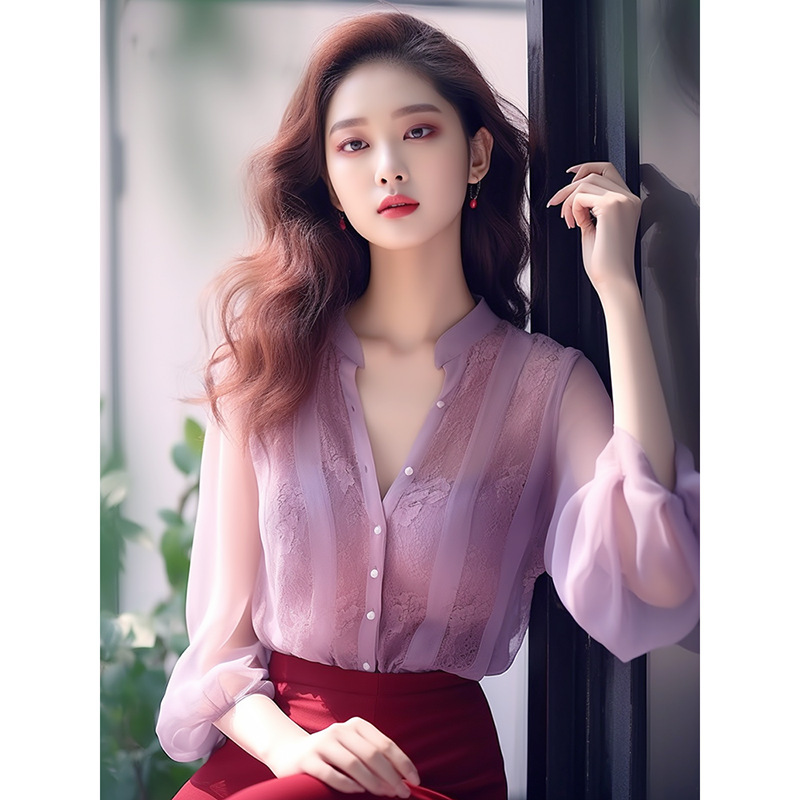 Small fashionable purple shiffon spring shirt