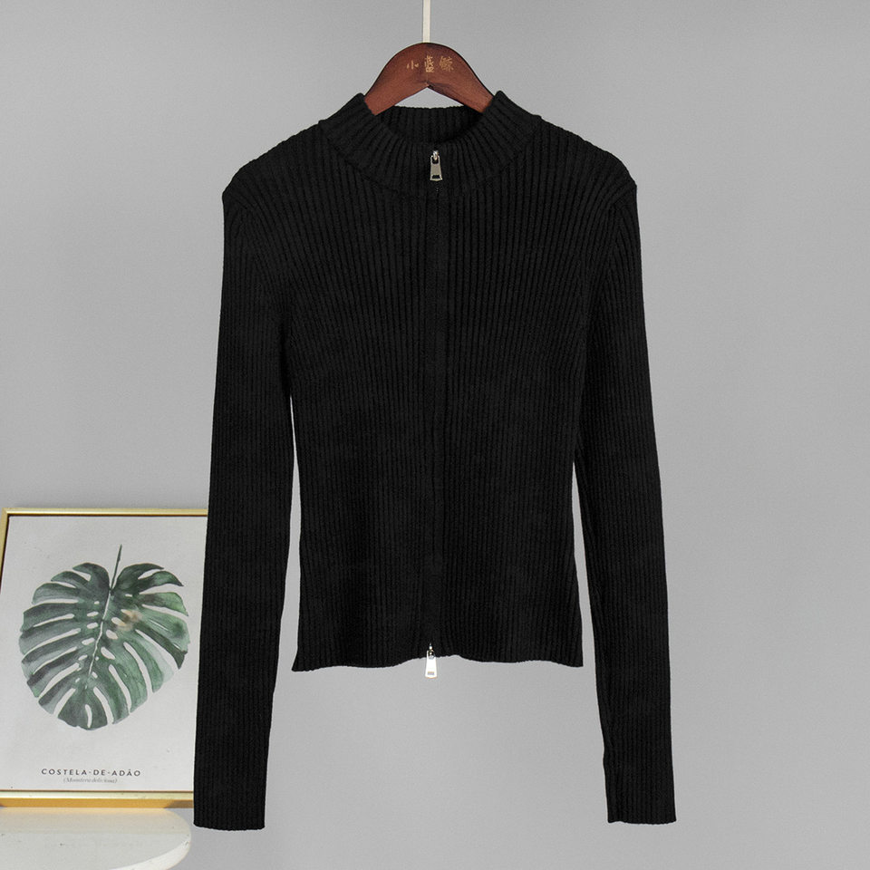 Áo cardigan len dệt kim cổ đứng, tay dài, khóa kéo đôi, dáng ôm ngắn — trắng, đen chi tiết 6