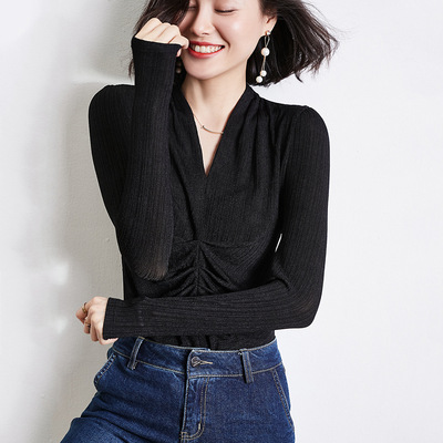 2021春季修身显瘦褶皱设计感v领螺纹棉黑色打底衫长袖t恤上衣女|ru