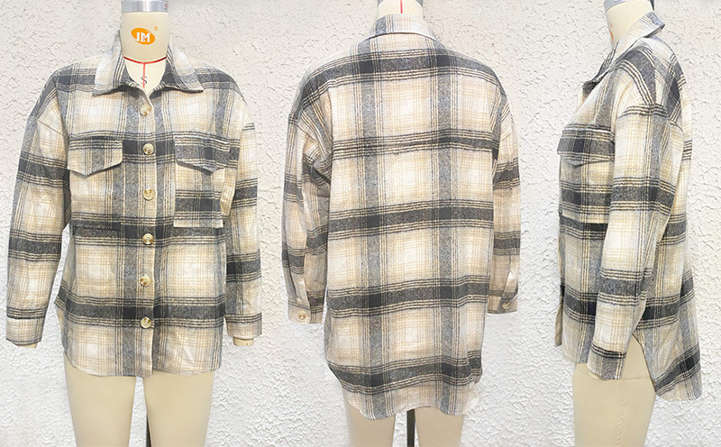 Womens Plaid Woolen Blouse Long Sleeve Loose Winter Jacket For Women_voghion.com