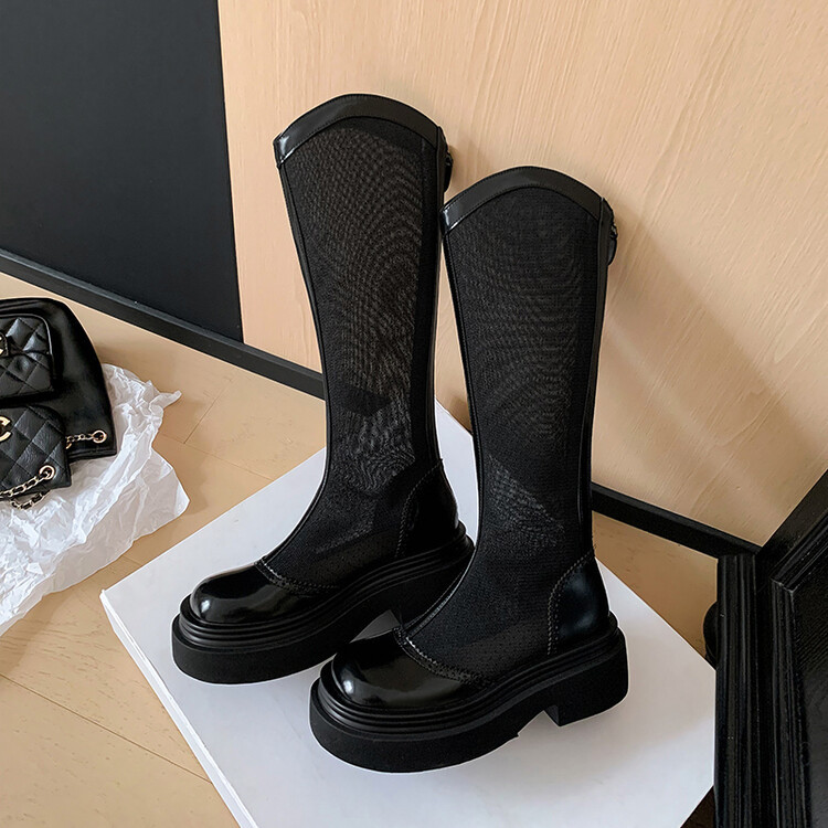 Boot lưới da thật cổ cao mũi tròn đế dày phối màu thoáng khí mùa hè — Màu đen cổ ống lớn, Ống nhỏ màu đen, Chu vi ống lớn màu trắng Be, Ống nhỏ màu be chi tiết 14