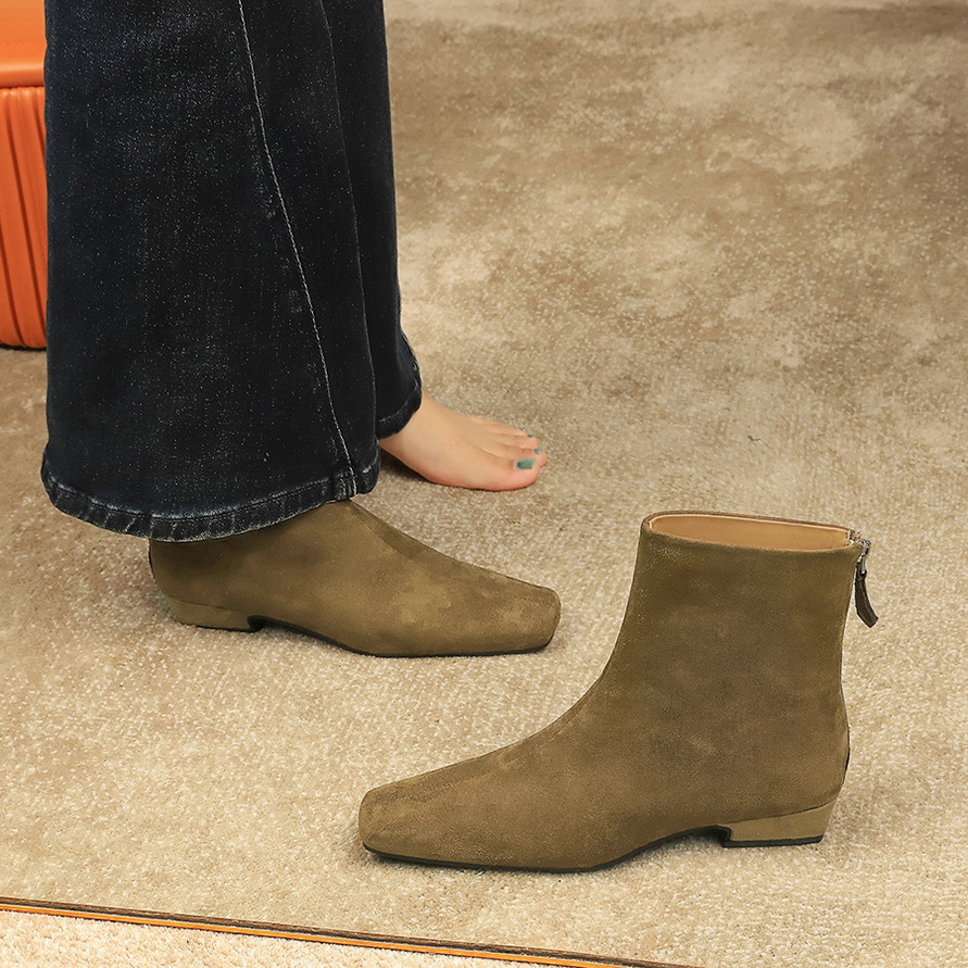 937-1 Korean Retro Style Chunky Heel Martin Ankle With Back Zipper, Suede Square Toe Single Boots, Fashion Short Boots_vogvips.com