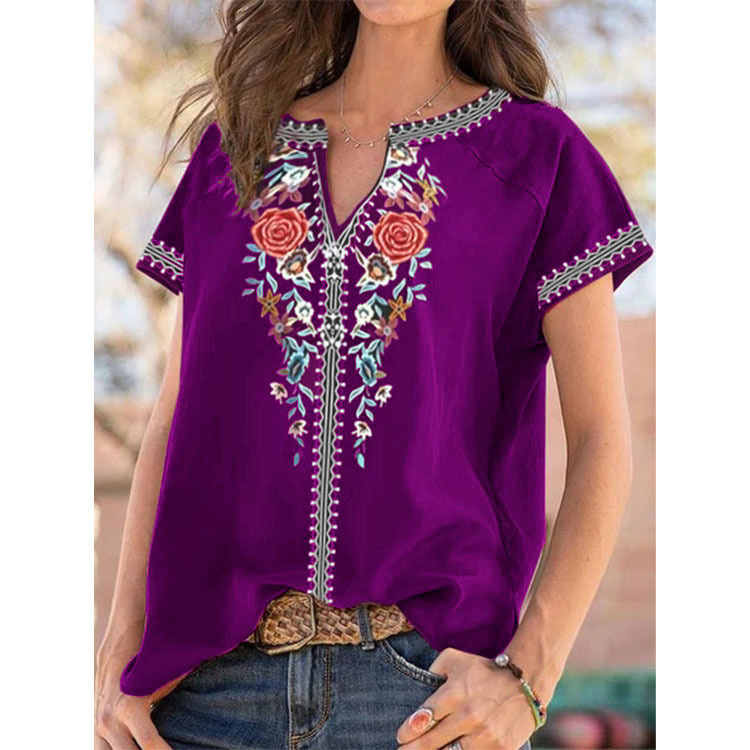 Women's T-shirt Short Sleeve T-shirts Printing Casual Ethnic Style Flower display picture 1