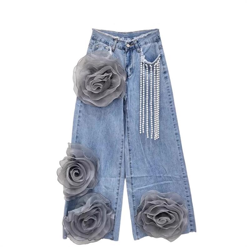 Y2K Women's Wide Leg Jeans, 3D Gray Rose Appliqué & Pearl Tassel, High Waist Baggy Denim Trousers For Casual & Night Out_ecoleips.com
