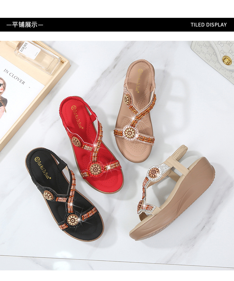 Kvinnors fritidssandal sommar bekväma glittrande strandpärlor utomhus bröllopsskor med öppen tå plattform kilsandaler_voghion.com