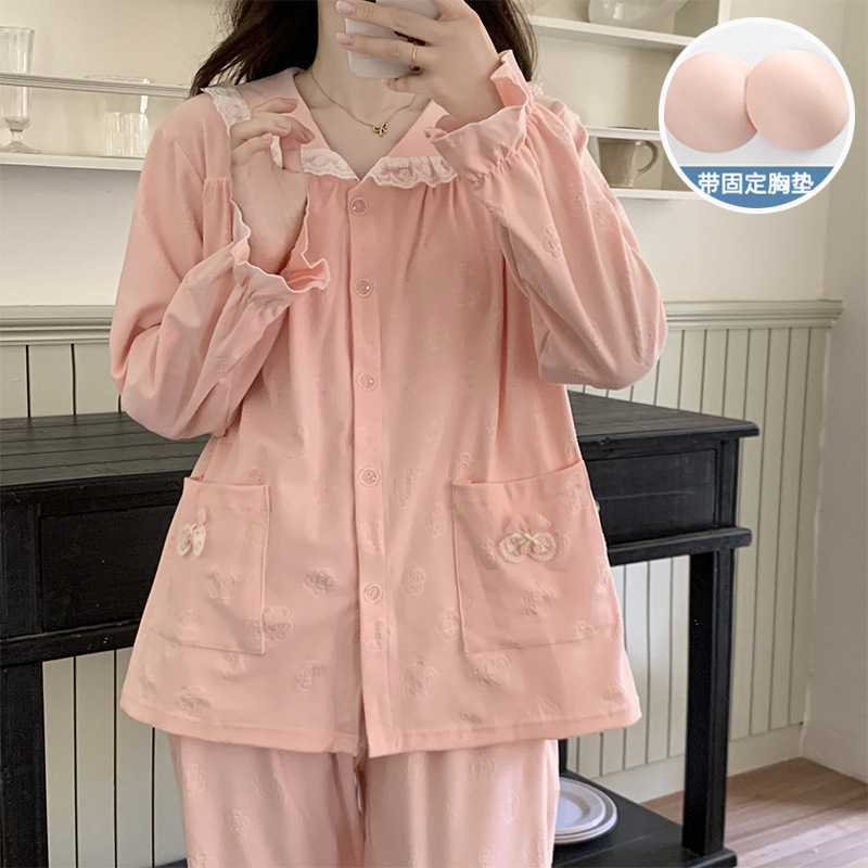 小香风睡衣女秋冬季带胸垫德绒长袖套装加厚保暖休闲家居服可外穿|undefined
