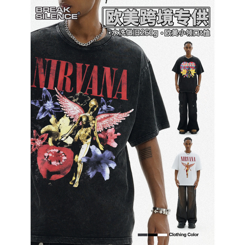NIRVANA ロックアメリカン 3D デジタルプリントレトロ半袖 T シャツクロスボーダープリントアメリカンファッションヴィンテージ模造綿|undefined