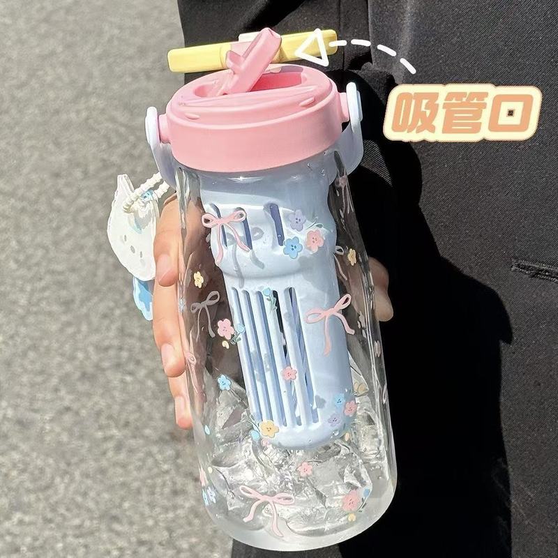 見た目の良い女の子向けのかわいい高ホウケイ酸ガラスカップ、ダブルストローカップ、茶水分離フラワーティーカップ、学生ウォーターカップ|undefined