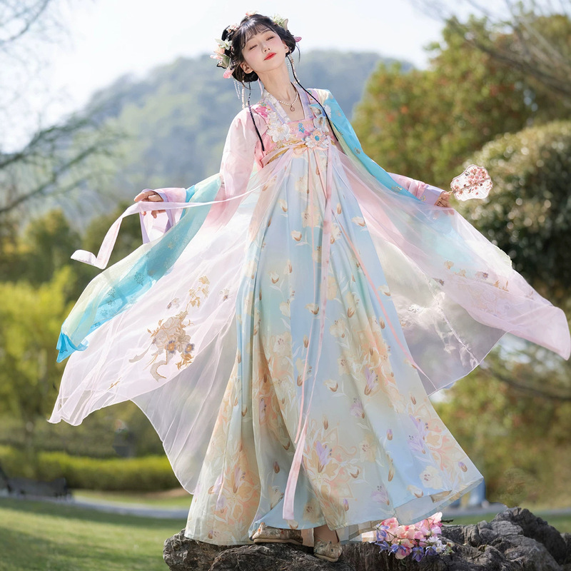 Tang Dynasty-Style Hanfu for Women 2026 New Model, Pink Iridescent Embroidery, Gradient Dyeing, Chest-Length Skirt, Flowing Chinese Ancient Costume Tang Dynasty-Style Hanfu for Women 2026 New Model, Pink Iridescent Embroidery, Gradient Dyeing, Chest-Length Skirt, Flowing Chinese Ancient Costume