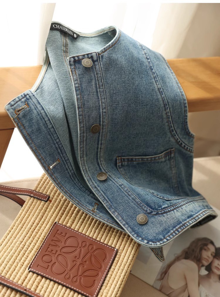 Áo vest denim nữ ngắn tay rộng rãi phong cách thời trang xuân hè — Xanh denim chi tiết 11