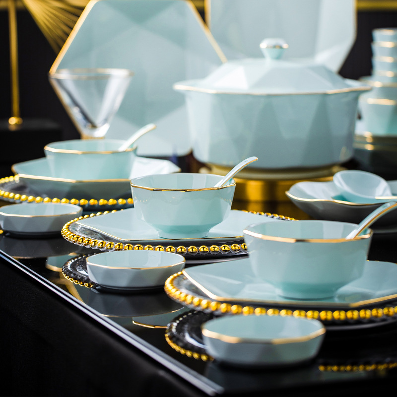 景德鎮碗碟家用套裝高檔陶瓷餐具飯碗面碗大湯碗簡約影青鑽石餐具