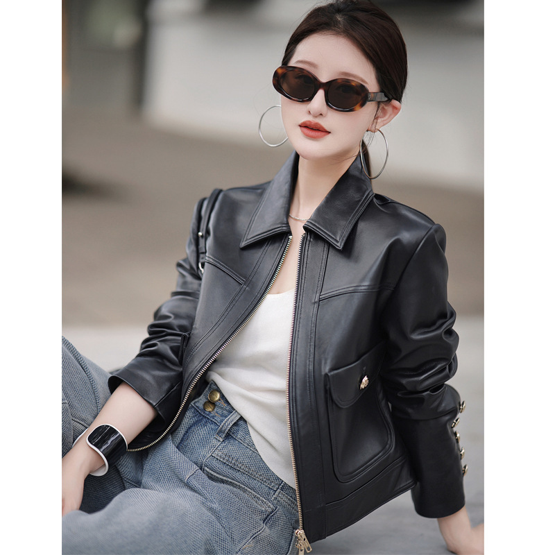 2025 New Autumn and Winter Genuine Leather Jacket for Women, Short Haining Sheepskin Slim-Fit Blazer, Motorcycle Jacket
