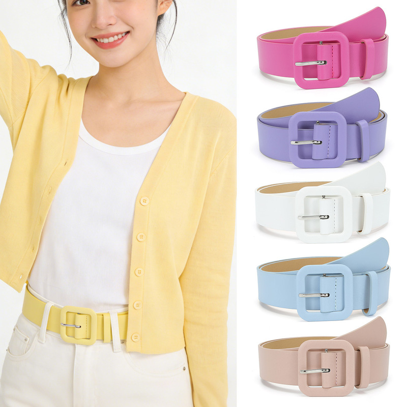 2026 New Korean Style Women's Square Buckle Candy-Colored Chic Simple Versatile Belt Suitable for Jeans and Dresses