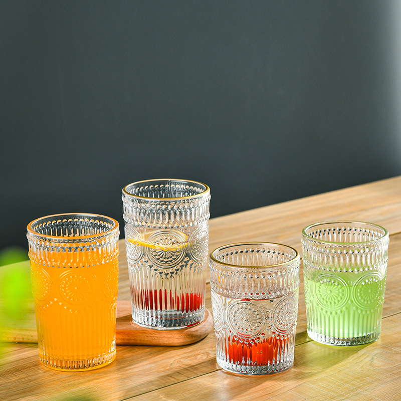 北歐復古太陽花玻璃杯ins風浮雕玻璃杯高顏值咖啡杯伴手禮杯批發