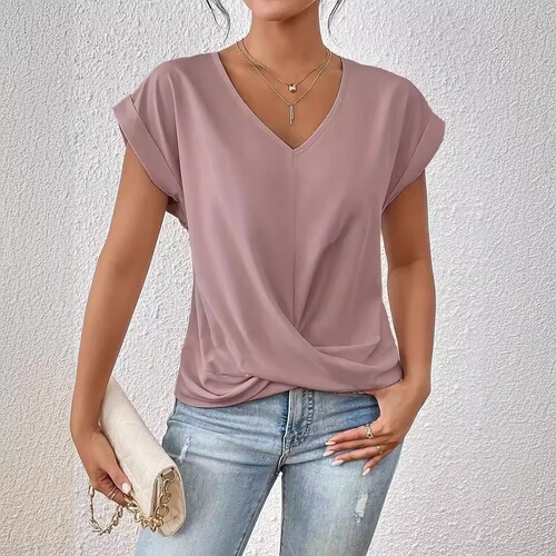 2025 solid color V-neck T-shirt elegant short-sleeved top spring and summer women's clothing