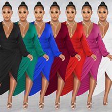 C6187跨境速卖通亚马逊欧美时尚女装纯色V领长袖长裙褶皱连衣裙女