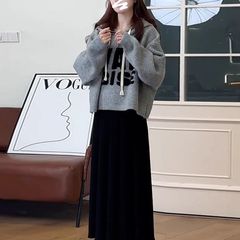 韩系慵懒风灰色字母连帽毛衣外套女春秋新款宽松小个子针织衫卫衣