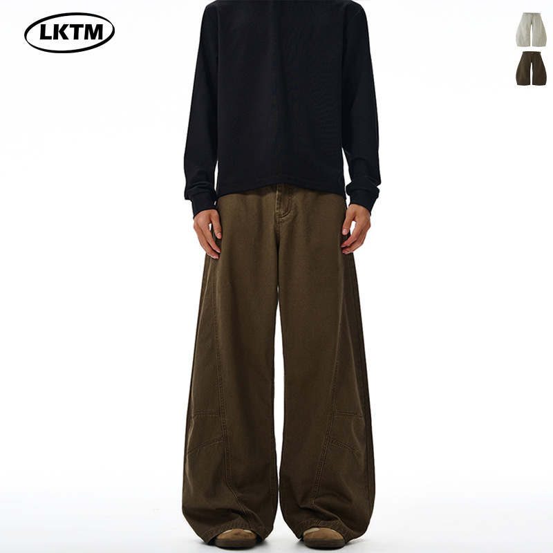 LKTM男装 美式解构做旧阔腿弯刀休闲裤男女潮牌宽松设计感拖地裤