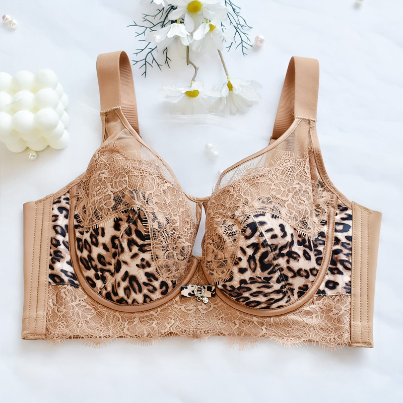 Los pechos grandes son pequeños, puro y sexy, encaje con estampado de leopardo, ropa interior hueca sin costuras, anillo de acero suave, soporte lateral, sujetador de pecho