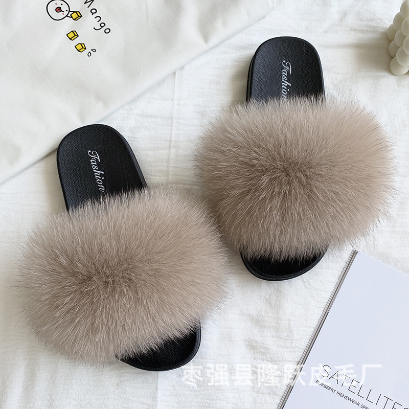 Amazon transfronterizo zapatillas de pelo de zorro real zapatillas de pelo de fondo plano zapatillas de pelo de mujer zapatillas de pelo de verano nuevas exportaciones