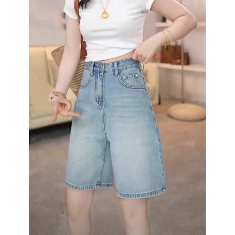 Quần short denim retro nữ lưng cao, phong cách mùa hè, mỏng nhẹ cho người dáng nhỏ — Màu xanh lam nhạt