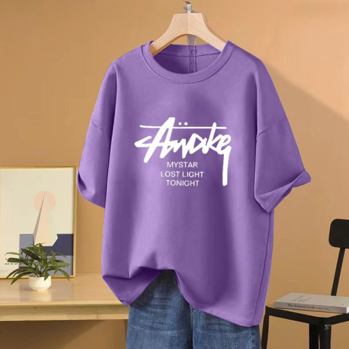 100% Cotton Letter Print Short Sleeve T-Shirt for Women - 2025 New Arrival Loose Fit Large Size Slimming Tunic Top