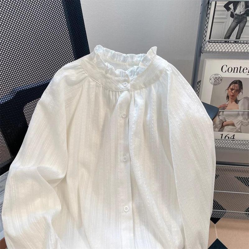法式荷叶边立领衬衫女秋秋季设计感小众白色内搭打底长袖上衣|undefined