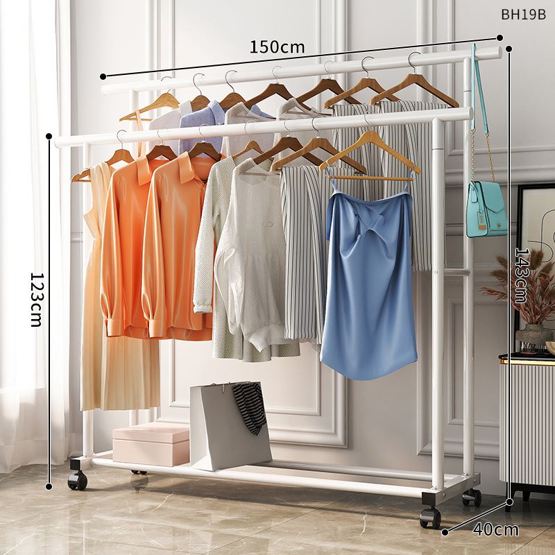 옷 건조대 1.5m 흰색 이중 극 22MM 범용 바퀴
