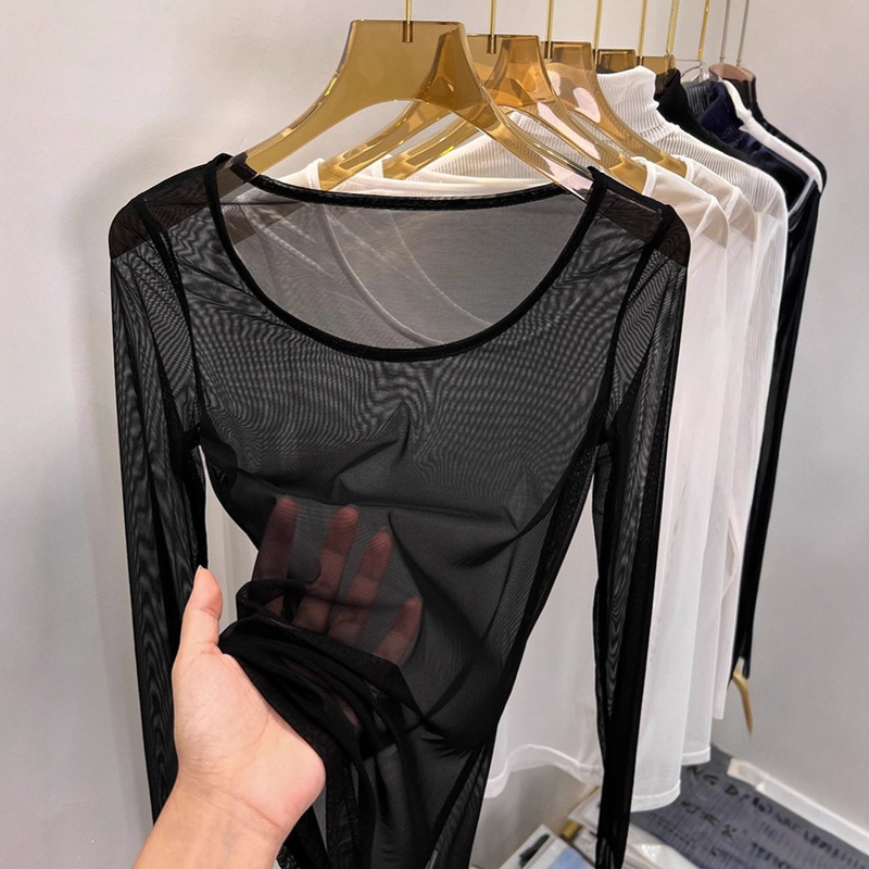 Black Mesh Bottoming Shirt for Women, Long-Sleeved High-Neck Transparent Tulle Inner Gauze Low-Neck See-Through Lace Top Classy