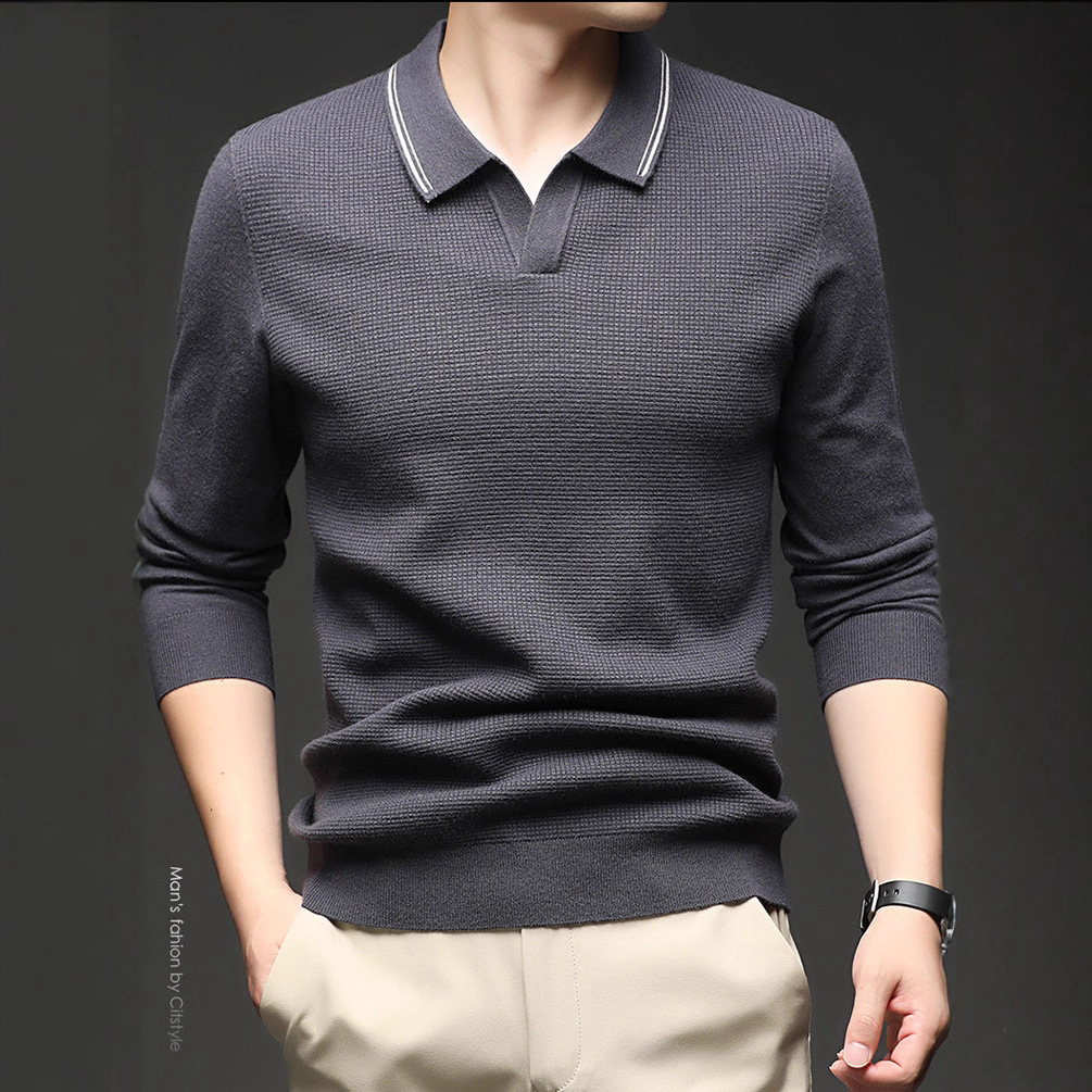 Camisas de punto de manga larga de tijeras de moda de hombre otoño y invierno con solapa simple chaqueta casual camiseta de base sólida suéter