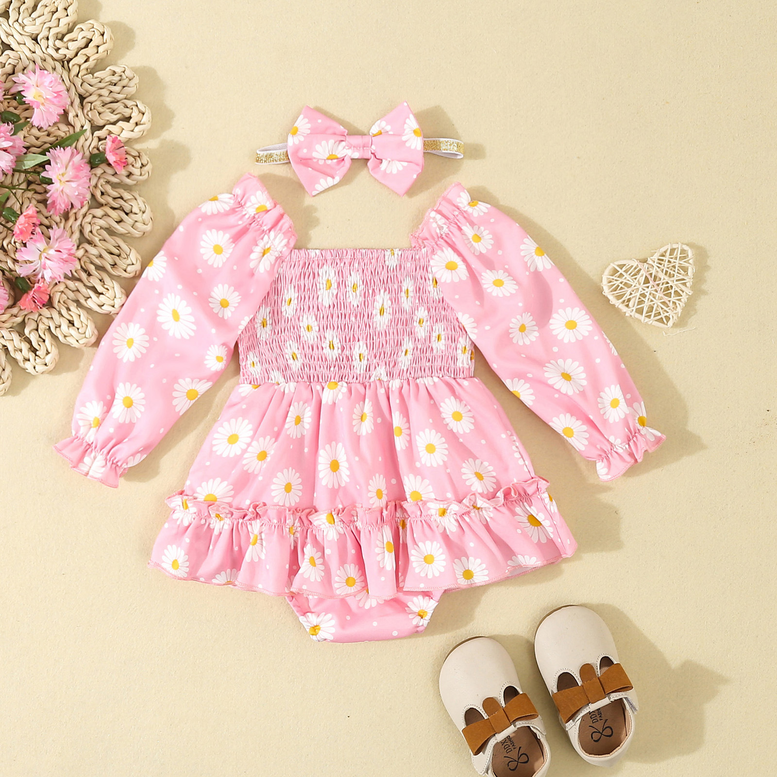 Baby romper kjole med hårbånd til piger forår og efterår_voghion.com