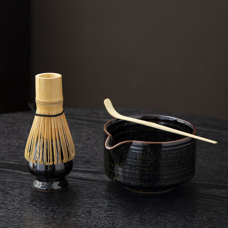 Juego de cuatro piezas de ceremonia del té de matcha, jaula de té de Baiben, tazón de té de pie, juego completo de combinación japonesa, té de punto, accesorios de jaula de té