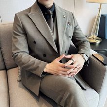 秋冬款毛呢双排扣西服男套装韩版商务礼服职业小西装轻熟风