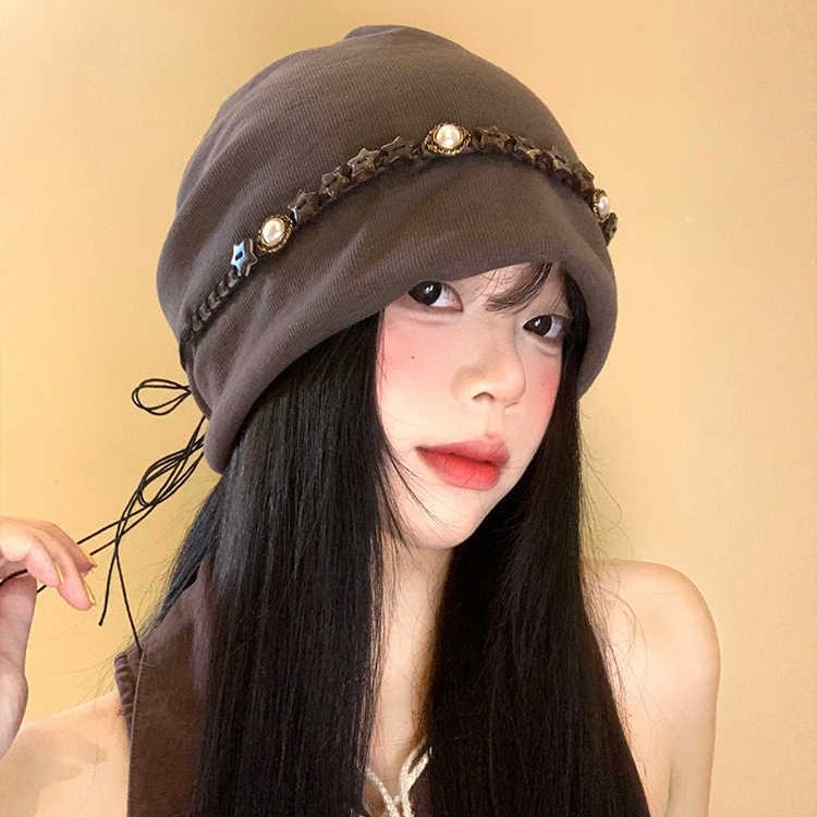 韩系星星串珠流苏堆堆帽秋冬百搭复古包头帽子女防风保暖护耳冷帽