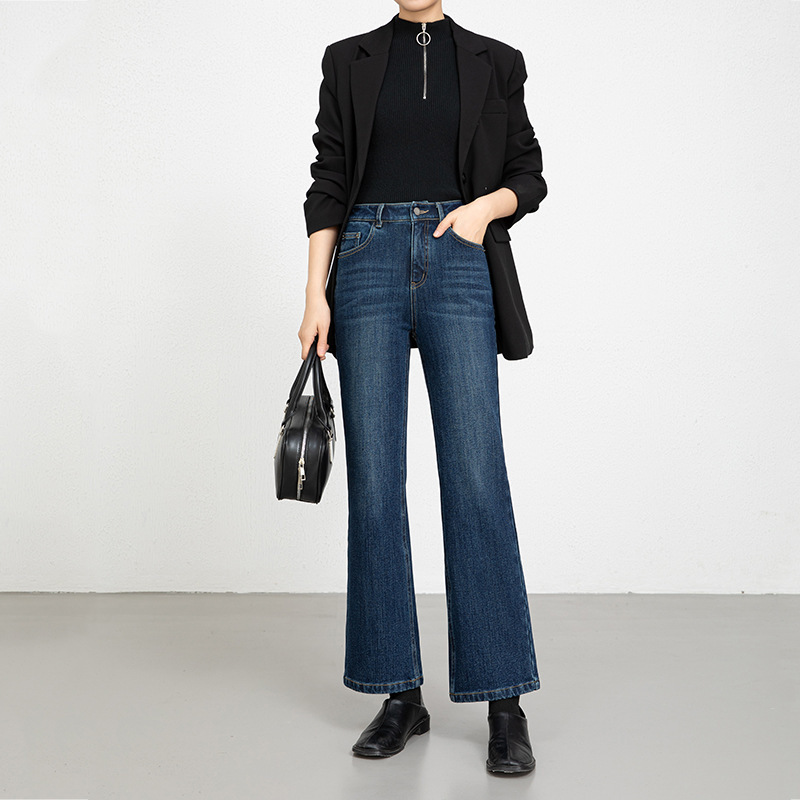 Miaoyu 2025 Winter New Style Flocked Four-Way Stretch Denim Micro-Flared Nine-Point Pants for Women with High Waist and Thickening