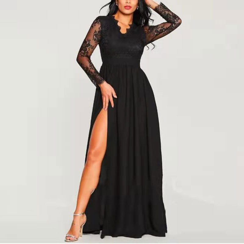 Comercio exterior europeo y americano Amazon AliExpress deseo de las mujeres nuevo encaje con cuello en V manga larga vestido de noche vestido negro