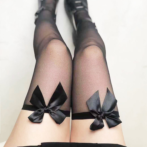 Summer thin bow-tie stockings, white over-the-knee stockings, female Japanese students' sexy high-top half-length black stockings