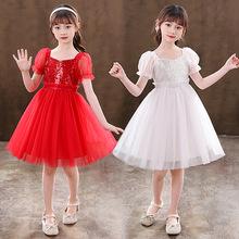 女童公主裙夏季新款六一節紅色亮片兒童連衣裙子寶寶演出禮服紗裙