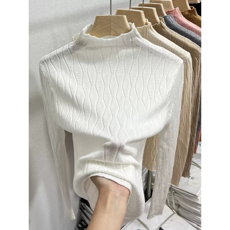 欧货半高领针织衫女秋冬2022新款洋气缕空修身内搭毛衣打底衫