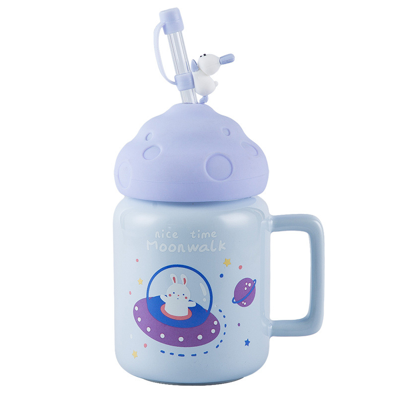 Lindo espacio conejo cubierta de silicona taza cerámica creativa dibujos animados con paja moda simple estudiante