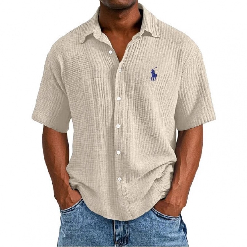 Men's Double-Layer Gauze Textured Short-Sleeved Shirt, Summer Ralph Lauren Style Casual Loose Shirt with Pony Logo Men's Double-Layer Gauze Textured Short-Sleeved Shirt, Summer Ralph Lauren Style Casual Loose Shirt with Pony Logo